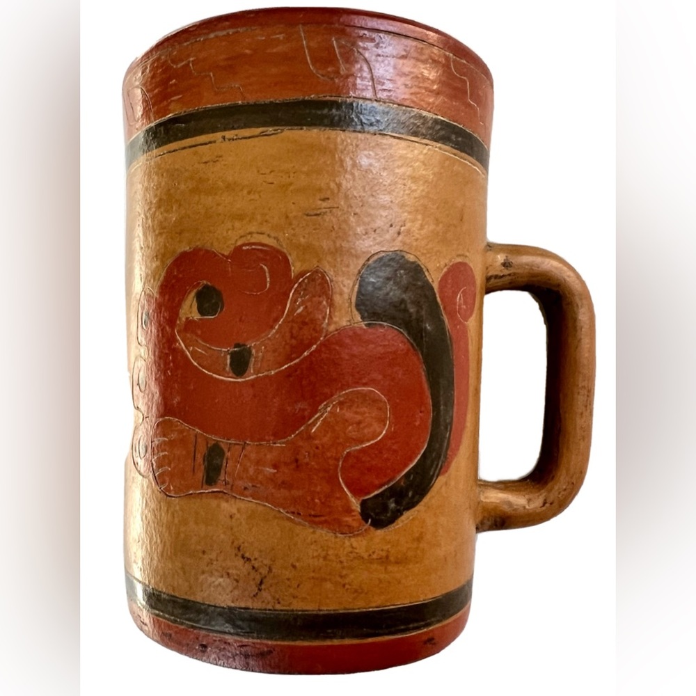 Vintage Terracotta Handmade Clay Aztec Folk Art Mug